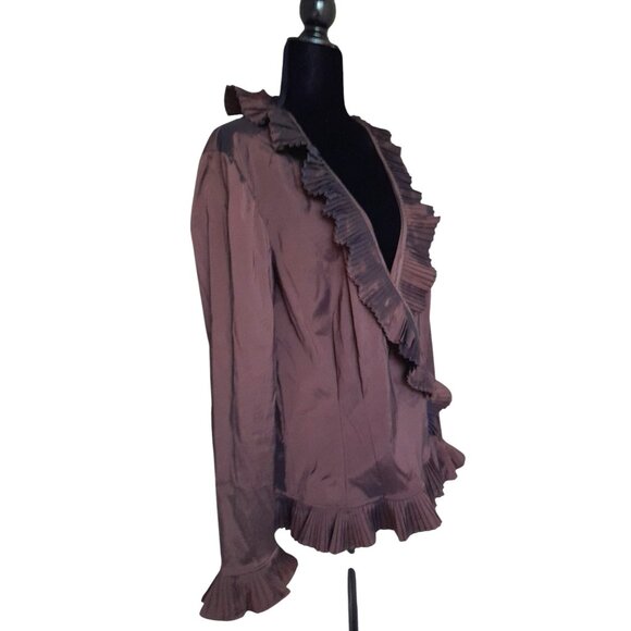 Vtg Cache Ruffle Wrap Stretch Event Cocktail Party Blouse Size 14 Metallic Brown - Picture 3 of 6